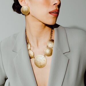 Bold Textured Gold Disc Statement Necklace & Earrings Set